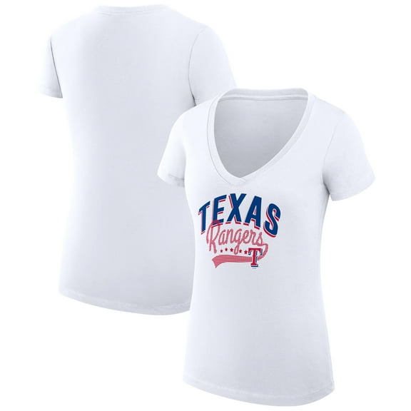Women's G-III 4Her by Carl Banks White Texas Rangers Super-Slim Fit Lightweight Filigree Team V-Neck T-Shirt