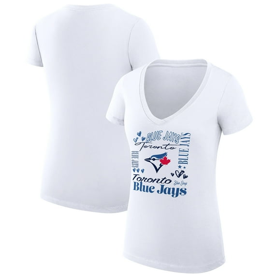 Women's G-III 4Her by Carl Banks White Toronto Blue Jays Collage Team Graphic V-Neck Fitted T-Shirt