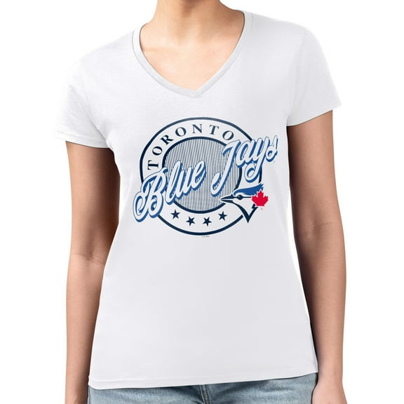 Women's G-III 4Her by Carl Banks White Toronto Blue Jays Super-Slim Fit Lightweight Pinstripe Circle V-Neck T-Shirt