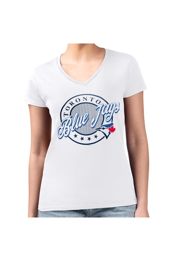 Women's G-III 4Her by Carl Banks White Toronto Blue Jays Super-Slim Fit Lightweight Pinstripe Circle V-Neck T-Shirt