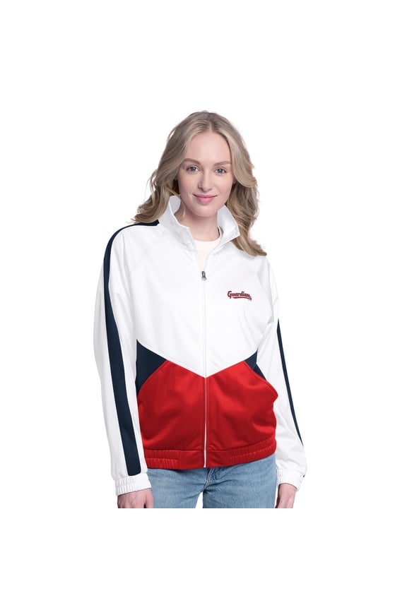 Women's-G-III Sports by Carl Banks  White/Navy Cleveland Guardians Rally Rhinestone Raglan Full-Zip Track Jacket