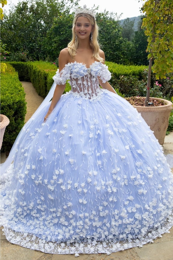 Women's GLS Gloria 3D Floral Cape Sleeve Ball Gown Gl3571 Ivory And Blue Size 3XL Ivory/blue