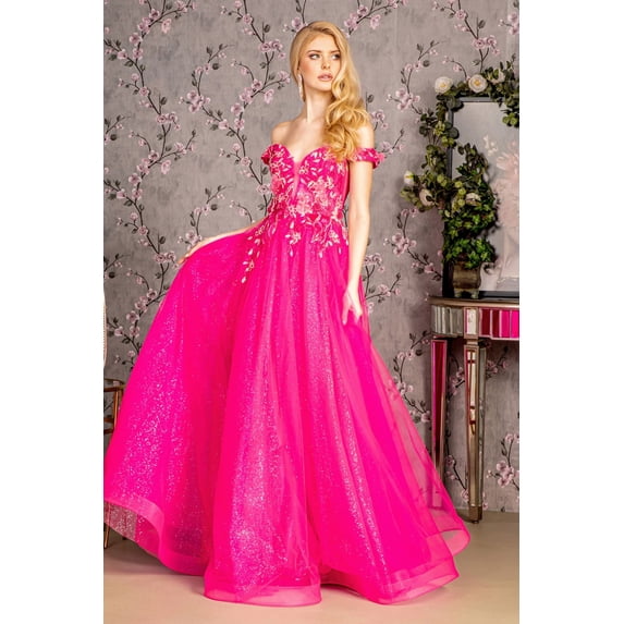 Women's GLS Gloria 3D Floral Off Shoulder A-line Gown Gl3443 Fuchsia Pink Size M