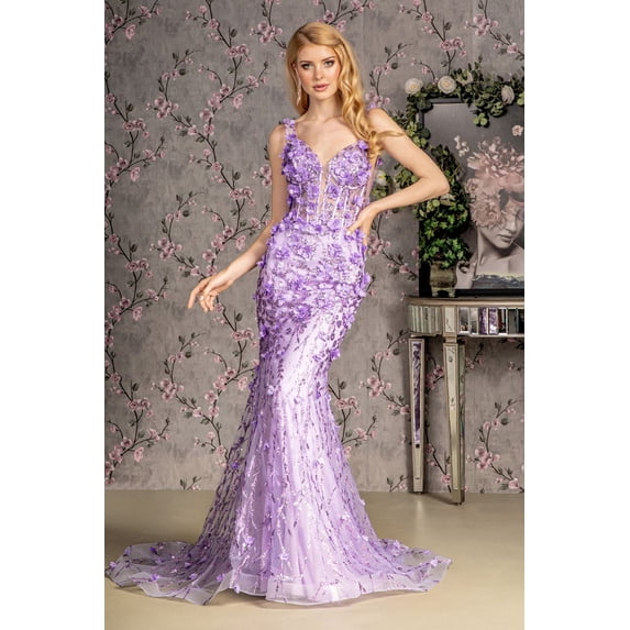 Women's GLS Gloria 3D Floral Sleeveless Mermaid Dress Gl3410 Lilac Lavender Size 3XL