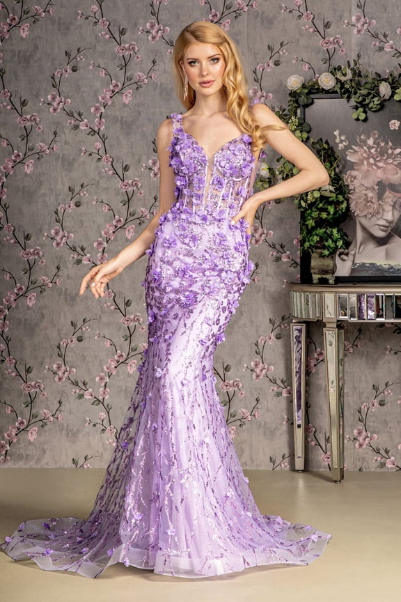 Women's GLS Gloria 3D Floral Sleeveless Mermaid Dress Gl3410 Lilac Lavender Size XL