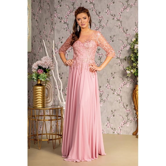 Women's GLS Gloria Bead Embroidered 3 4 Sleeve A-line Gown Gl3445 Dusty Rose Pink Size 2XL