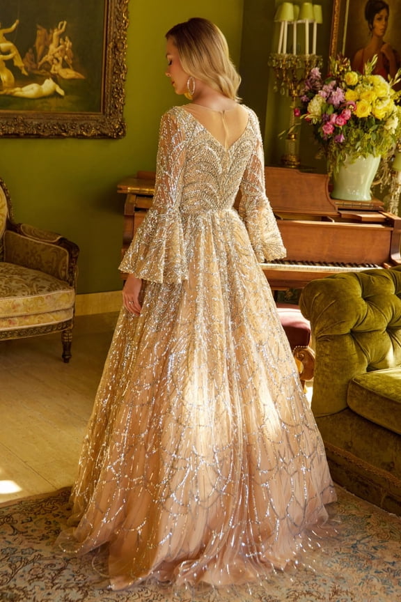 Women's GLS Gloria Beaded Bell Sleeve A-line Gown Gl3582 New Collection Dress Gold Size M