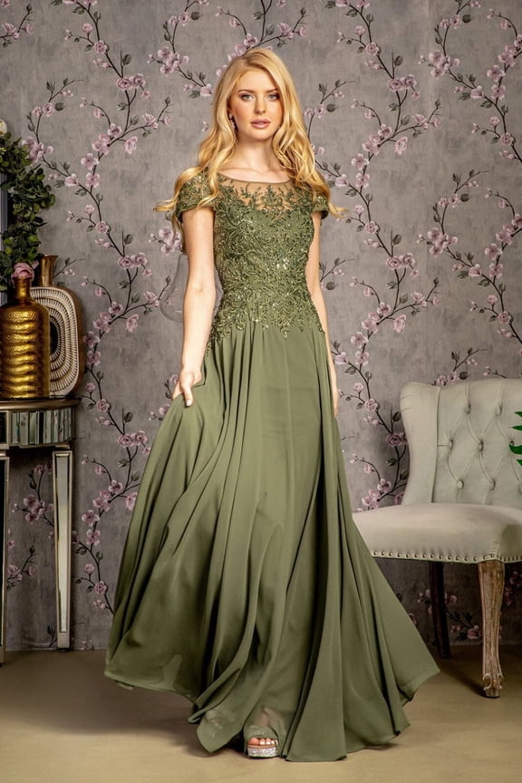 Women's GLS Gloria Embroidered Chiffon Short Sleeve Gown Gl3491 Olive Green Size 4XL