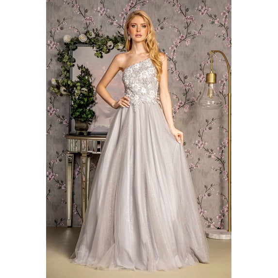 Women's GLS Gloria Embroidered One Shoulder A-line Gown Gl3384 Silver Size 2XL
