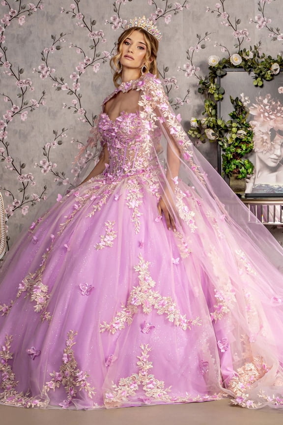 Women's GLS Gloria Floral Applique Cape Sleeve Ball Gown Gl3467 Lilac Lavender Size XS