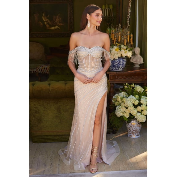 Women's GLS Gloria Fringe Off Shoulder Slit Gown Gl3621 Champagne Goldish Beige Size L