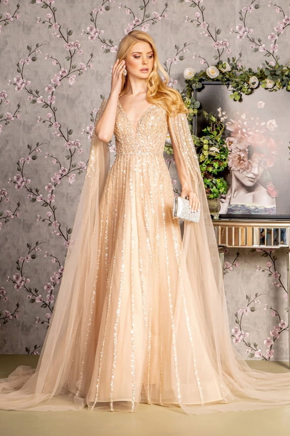 Women's GLS Gloria Gl3494 Embellished Cape Sleeve A-line Evening Elegant Gown New Collection Champagne Goldish Beige Size L