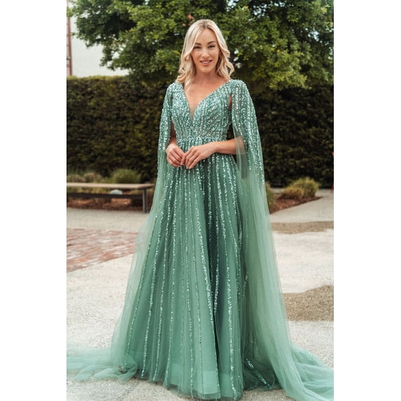 Women's GLS Gloria Gl3494 Embellished Cape Sleeve A-line Evening Elegant Gown New Collection Sage Green Size XL