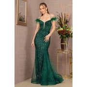 Womens GLS Gloria Glitter Off Shoulder Feather Gown Gl3130 Green Size XL