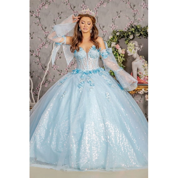 Women's GLS Gloria Glitter Strapless Bell Sleeve Ball Gown Gl3486 Blue Size S
