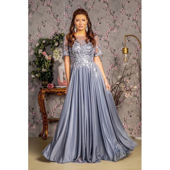 Women's GLS Gloria Metallic Applique Short Sleeve A-line Gown Gl3444 New Collection Dress Silver Size M