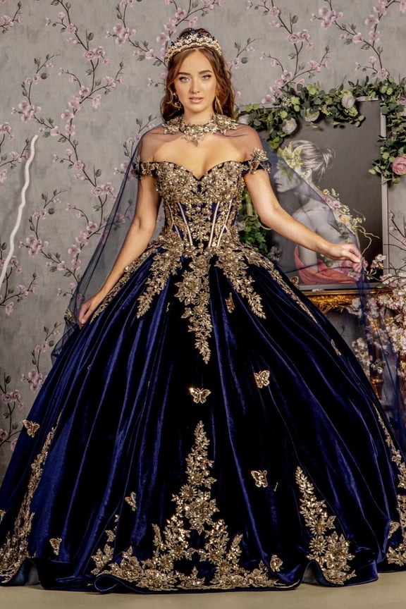 Women's GLS Gloria Navy Blue And Gold Quinceanera Dress Velvet Cape Ball Gown Gl3471 Size XL
