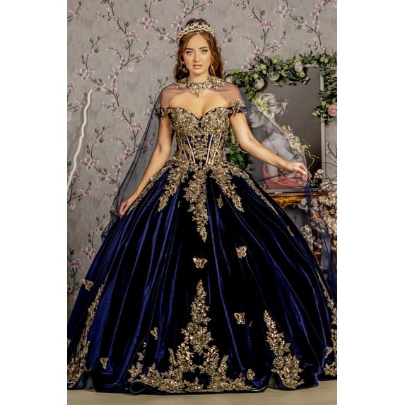 Women's GLS Gloria Navy Blue And Gold Quinceanera Dress Velvet Cape Ball Gown Gl3471 Size XS