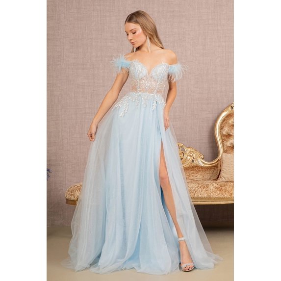 Women's GLS Gloria Off Shoulder Feather Slit Gown Gl3135 Baby Blue Size S