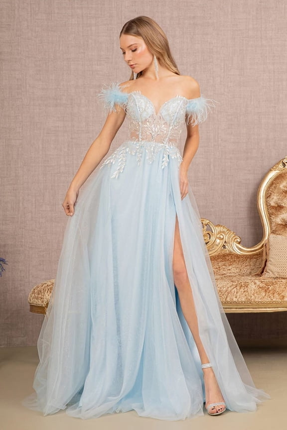 Women's GLS Gloria Off Shoulder Feather Slit Gown Gl3135 Baby Blue Size XL