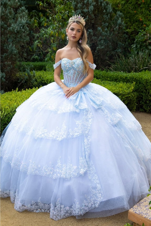 Women's GLS Gloria Off Shoulder Tiered Ball Gown Gl3612 Light Blue Size M