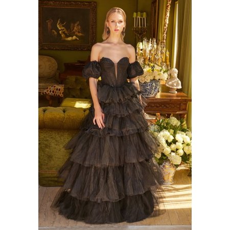Women's GLS Gloria Ruffle Prom 2026 Dress Puff Sleeve A-line Evening Elegant Gown Gl3626 Black Size L