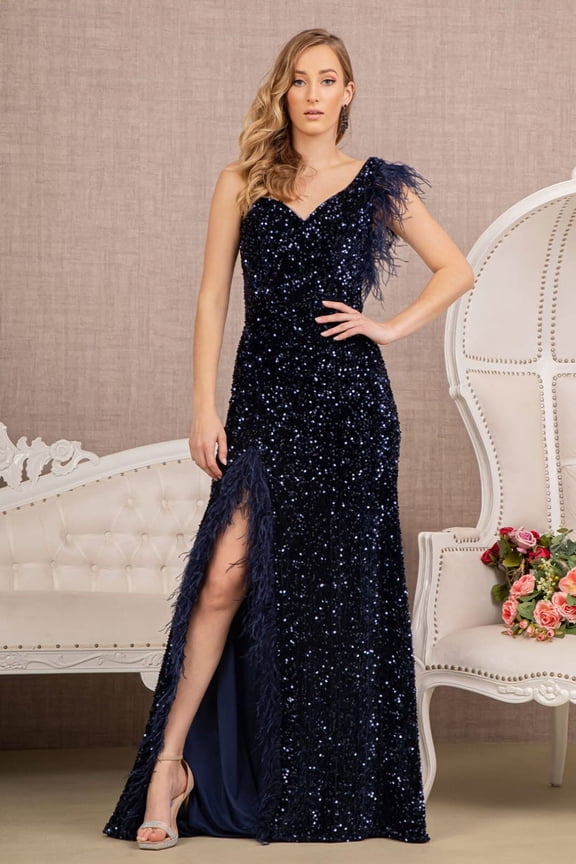 Women's GLS Gloria Sequin One Shoulder Feather Gown Gl3154 Navy Blue Size 3XL