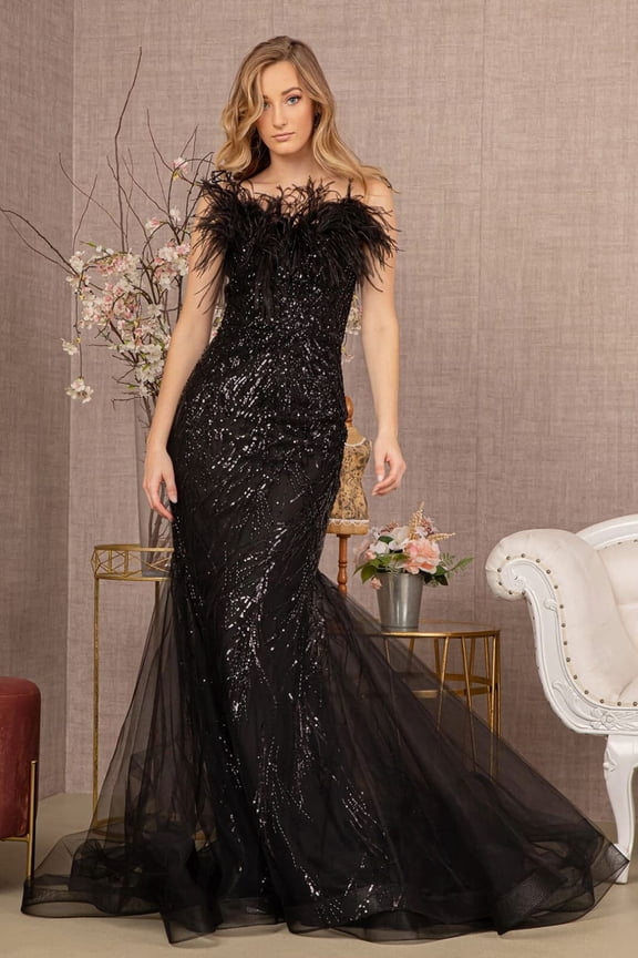 Women's GLS Gloria Sequin Print Summer Feather Mermaid Gown Gl3117 Black Size S