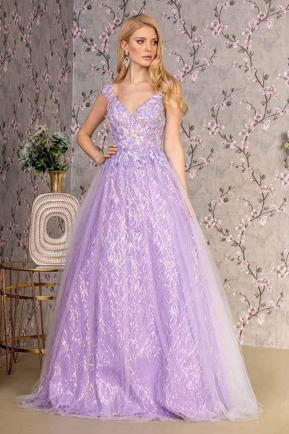 Women's GLS Gloria Sequin Print Summer Sleeveless A-line Gown Gl3398 Lilac Lavender Size 2XL