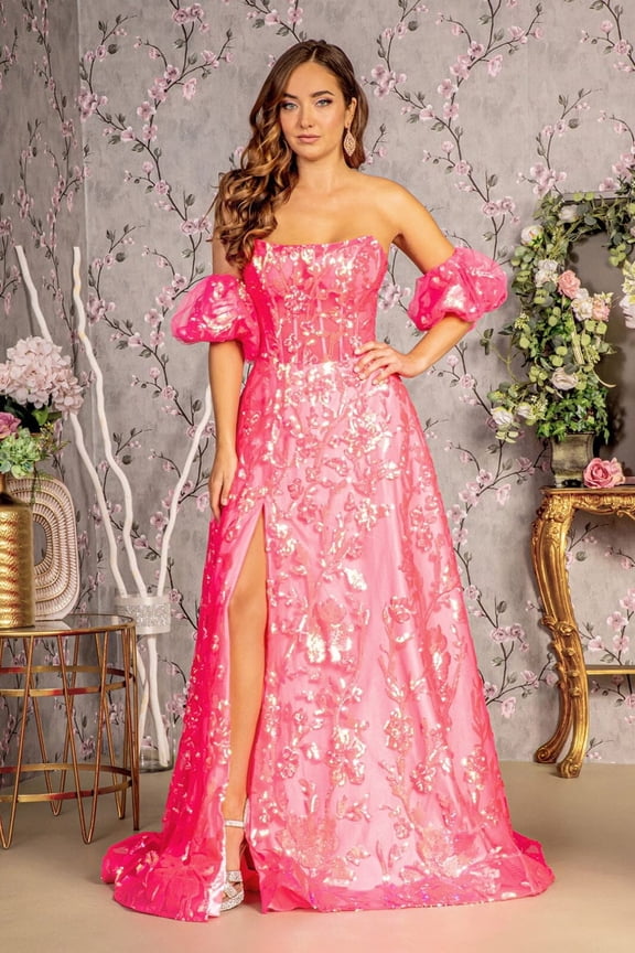 Women's GLS Gloria Sequin Print Summer Strapless A-line Slit Gown Gl3311 Hot Pink Size XS