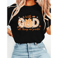 thumbnail image 1 of Women's GOD Faith Tee - Floral Plaid Pumpkin Letter T-Shirt, "With GOD All Things Possible" Printed Short Sleeve Casual Tops, 1 of 6