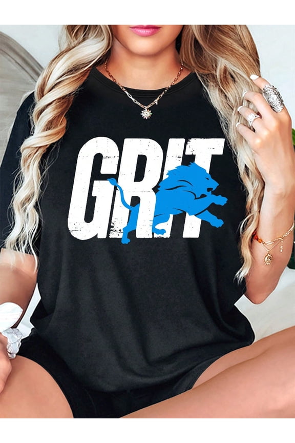 Women's GRIT Lion Print T-Shirt - Casual Crew Neck, Short Sleeve Top For Spring/Summer, Stretchy Cotton Blend, Machine Washable