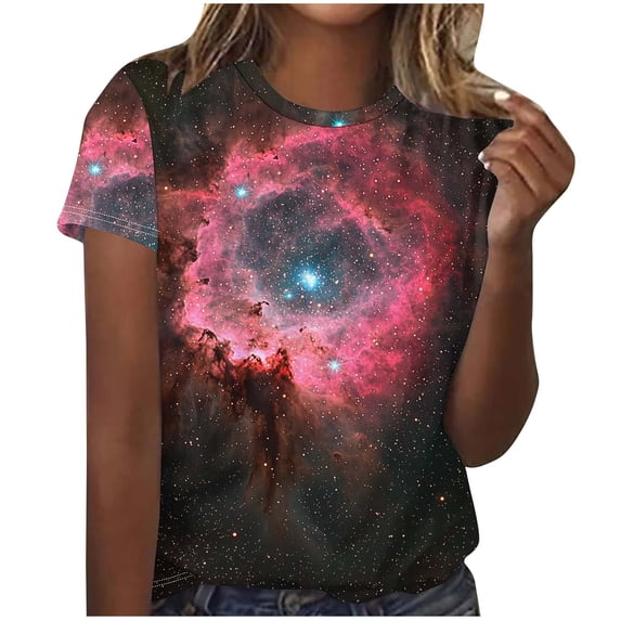 Women's Galaxy Graphic Crewneck Tee - Casual Space Print Short Sleeve Tshirts Top for Summer & Festival Space Clothes