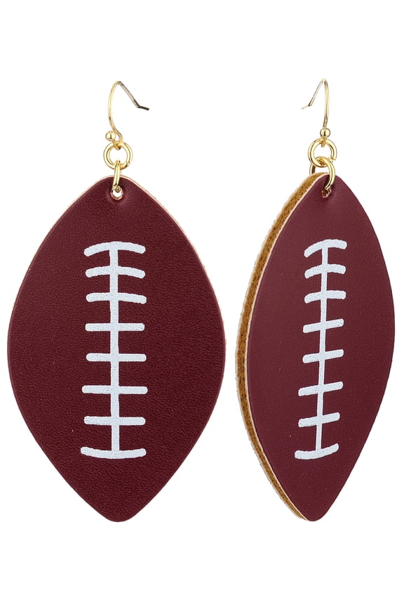 Women's Game Day Football Shaped Two Tone Faux Leather Dangle Pierced Earrings, Burgundy/White