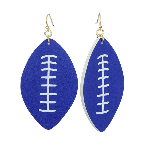 Women's Game Day Football Shaped Two Tone Faux Leather Dangle Pierced Earrings, Royal/White