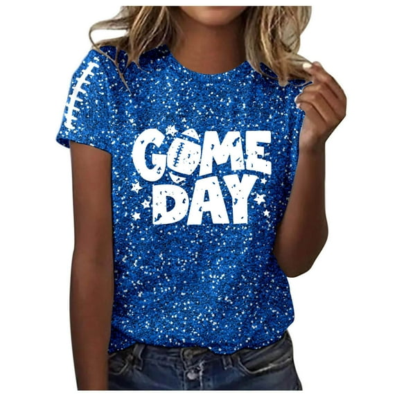 Women's Game Day Shirts Funny Sequin Football Hearts Graphic Short Sleeve Tops Summer Trendy Crew Neck Casual Workout Tees Z002-Blue M