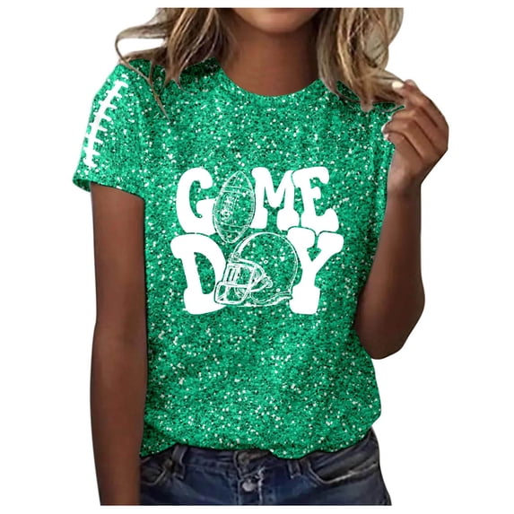 Women's Game Day Shirts Funny Sequin Football Hearts Graphic Short Sleeve Tops Summer Trendy Crew Neck Casual Workout Tees Z003-Mint Green L