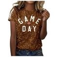 thumbnail image 1 of Women's Game Day Shirts Funny Sequin Football Hearts Graphic Short Sleeve Tops Summer Trendy Crew Neck Casual Workout Tees Z004-Brown S, 1 of 5