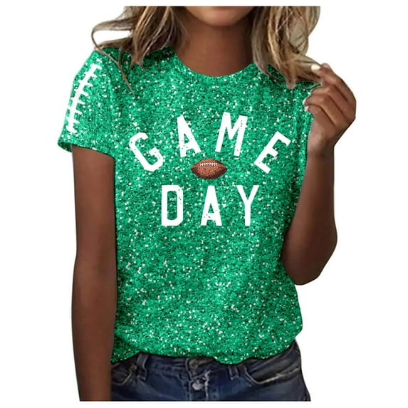 Women's Game Day Shirts Funny Sequin Football Hearts Graphic Short Sleeve Tops Summer Trendy Crew Neck Casual Workout Tees Z004-Mint Green XXL