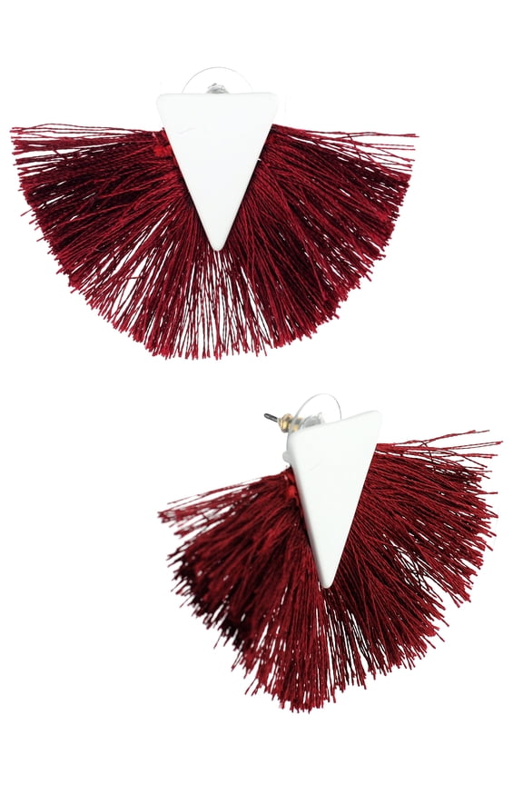 Women's Game Day Sport Team Pom Style Fringed Tassel Pierced Earrings, Maroon/White