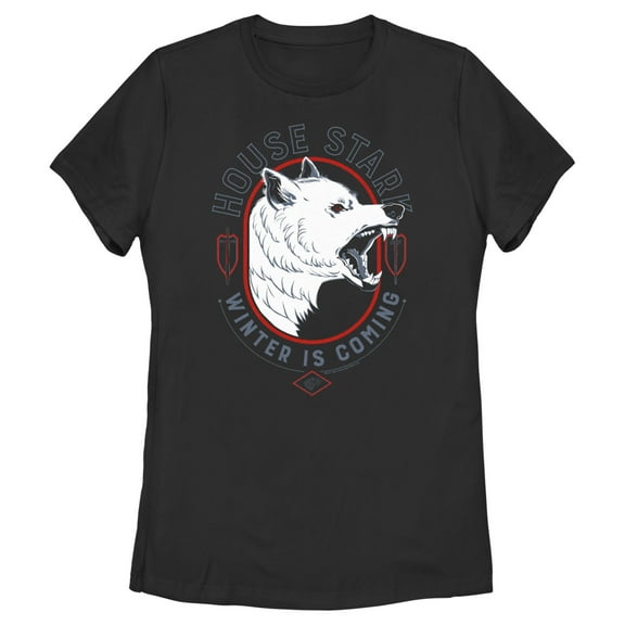Women's Game of Thrones House Stark White Wolf  Graphic Tee Black Medium