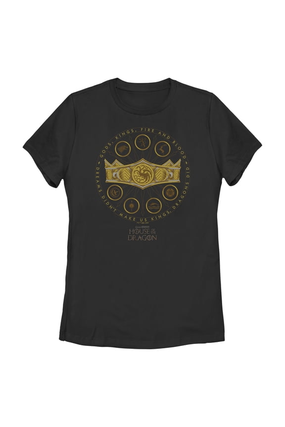 Women's Game of Thrones: House of the Dragon Gods Kings Fire and Blood Crown Logo Graphic Tee Black 2X Large