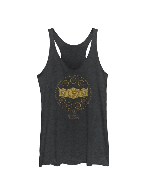 Women's Game of Thrones: House of the Dragon Gods Kings Fire and Blood Crown Logo Racerback Tank Top Black Heather X Small
