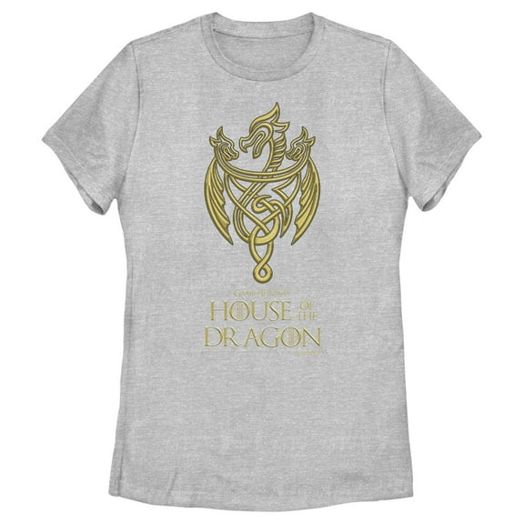 Women's Game of Thrones: House of the Dragon Gold Three-Headed Dragon Crest Graphic Tee Athletic Heather Large