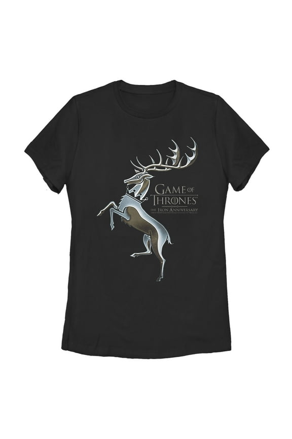 Women's Game of Thrones Iron Anniversary Baratheon Metal Stag Crest Graphic Tee Black Small
