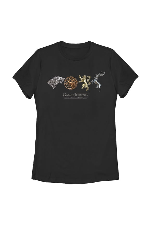 Women's Game of Thrones Iron Anniversary Metal Crests Graphic Tee Black Small