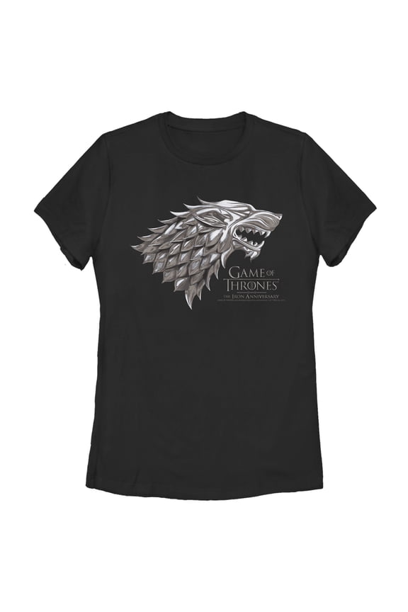 Women's Game of Thrones Iron Anniversary Stark Metal Direwolf Crest Graphic Tee Black Small