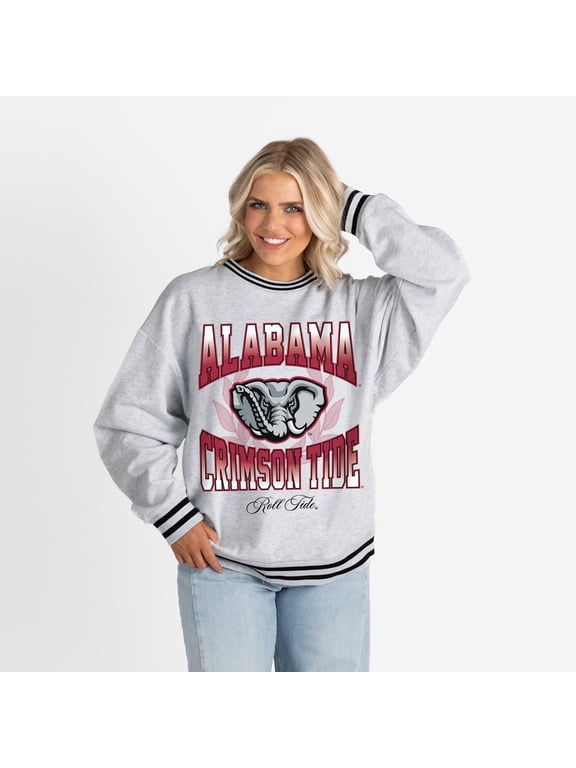 Women's Gameday Couture Ash Alabama Crimson Tide Oversized Fade Route Ringer Stripe Sweatshirt