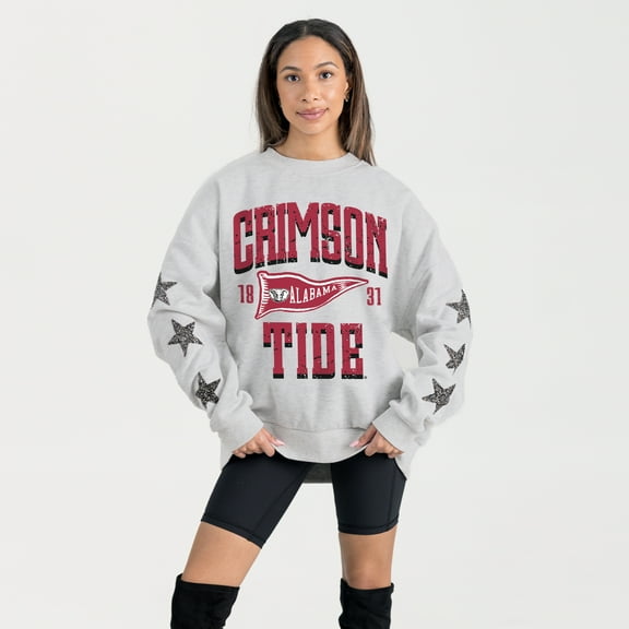 Women's Gameday Couture Ash Alabama Crimson Tide Oversized Pennant Pride Rhinestone Star Sleeve Sweatshirt
