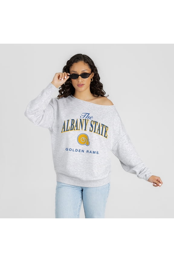 Women's Gameday Couture Ash Albany State Golden Rams Offsides Energy Off-Shoulder Sweatshirt
